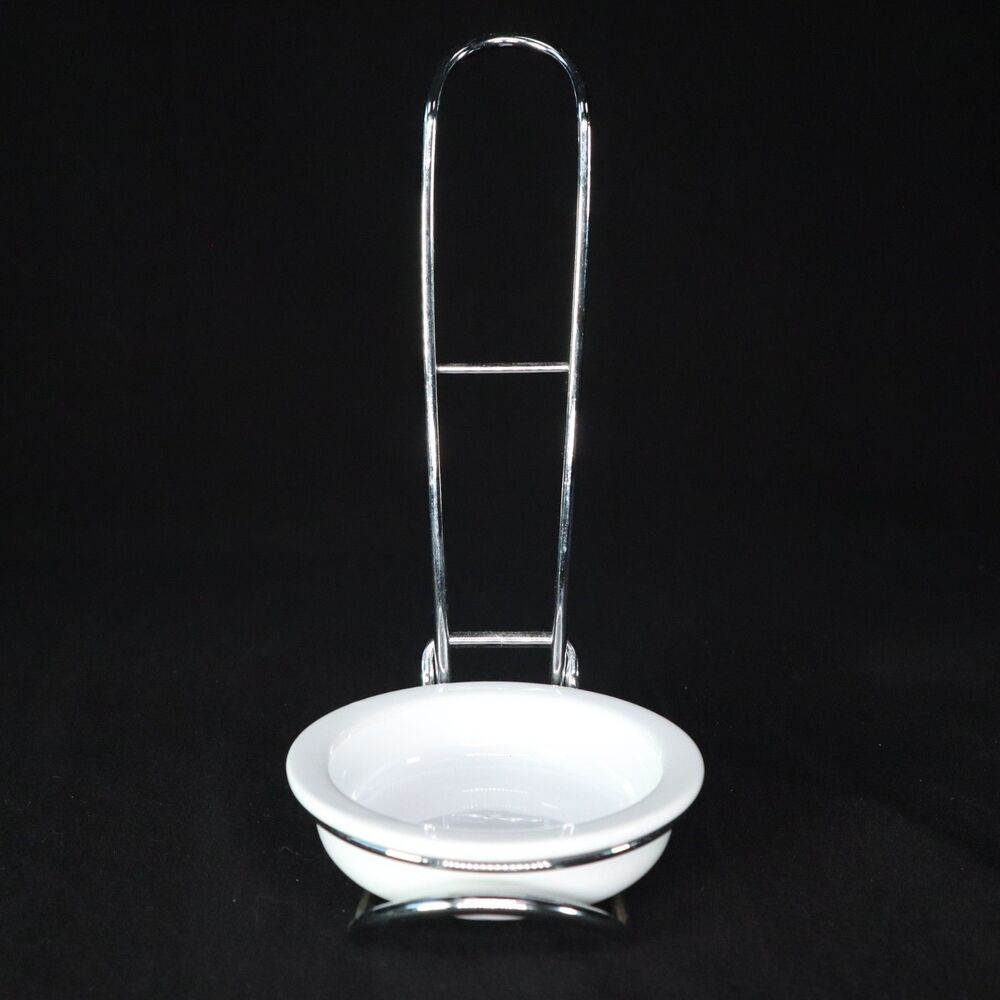 Pampered Chef Spoon Rest upright ceramic and chrome 4" x 8.5"